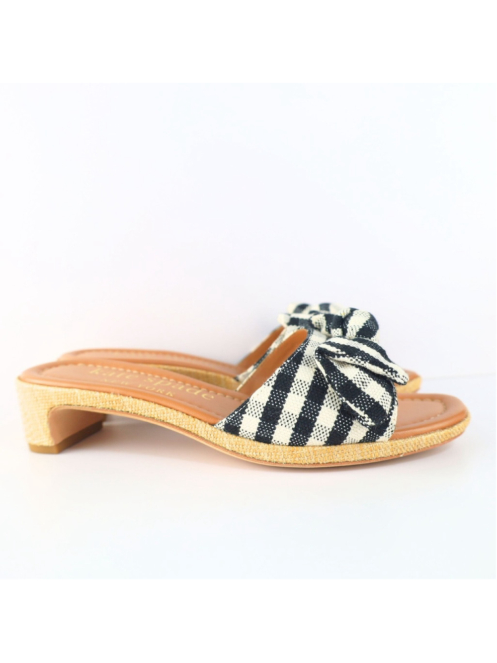 Lilah Gingham Knotted Bow Slide Sandals Black/White 6 B - Picture 1 of 11